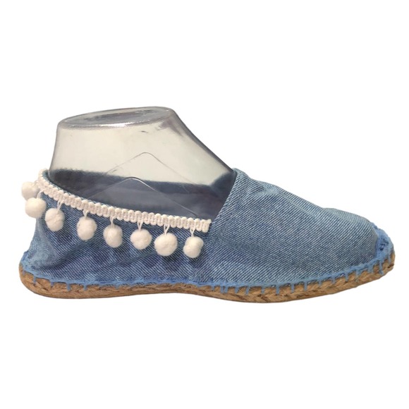 DOPPIO Italy Womens Flats 8 Blue Crochet Denim Cream Pom Pom Espadrilles Slip On - Picture 4 of 10